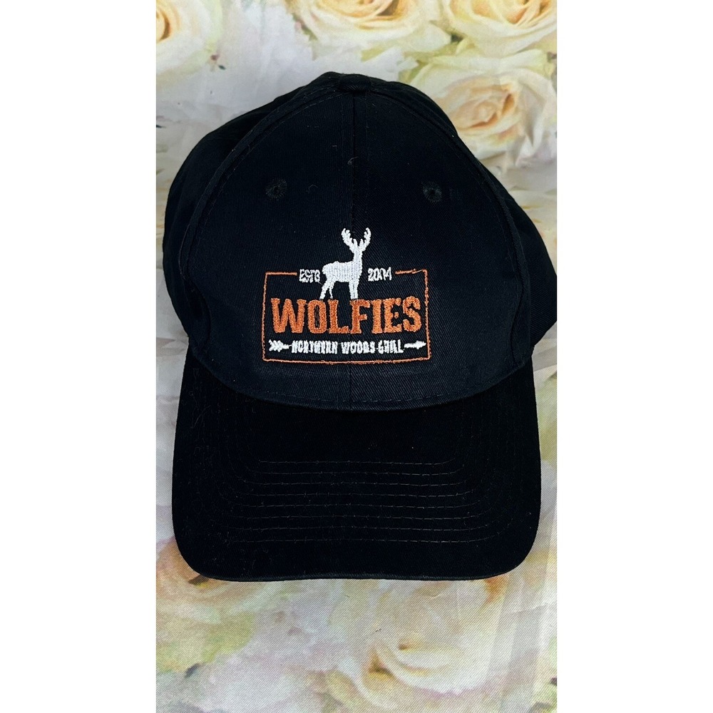 WOLFIES Northern Woods Grill Hat Cap Deer Black Strapback Embroidered Barbecue - Picture 1 of 9